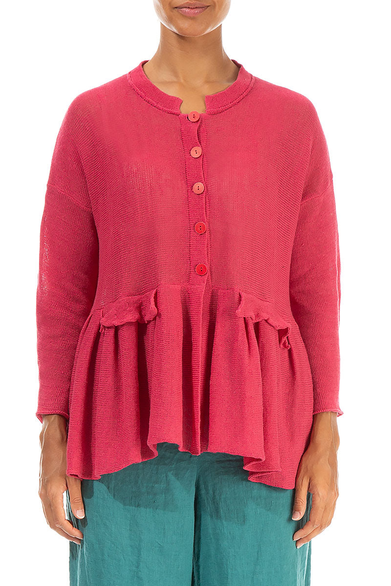 Frilled Hem Raspberry Linen Cardigan 2