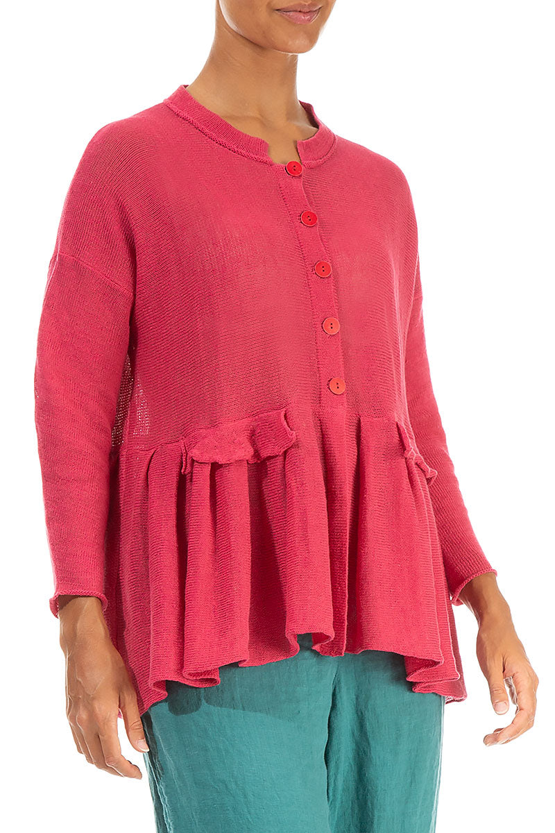 Frilled Hem Raspberry Linen Cardigan 4