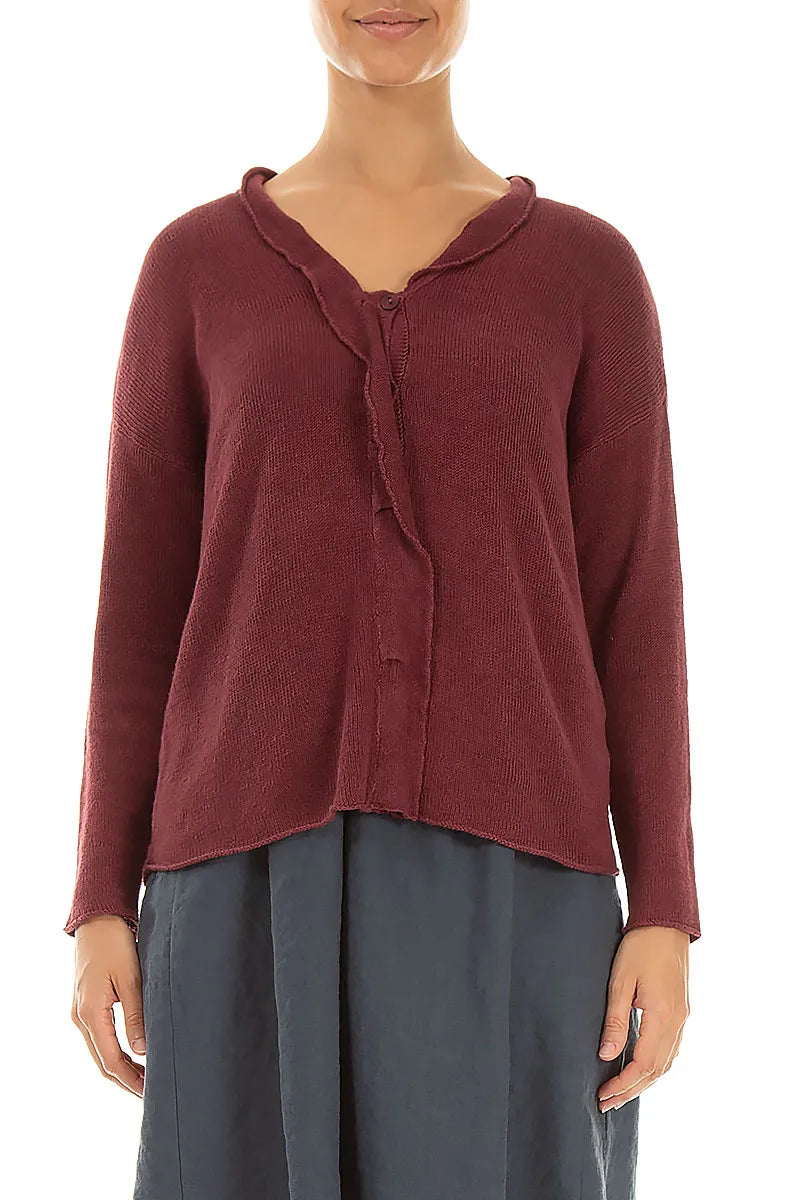 Frilled Neck Antique Ruby Linen Cardigan