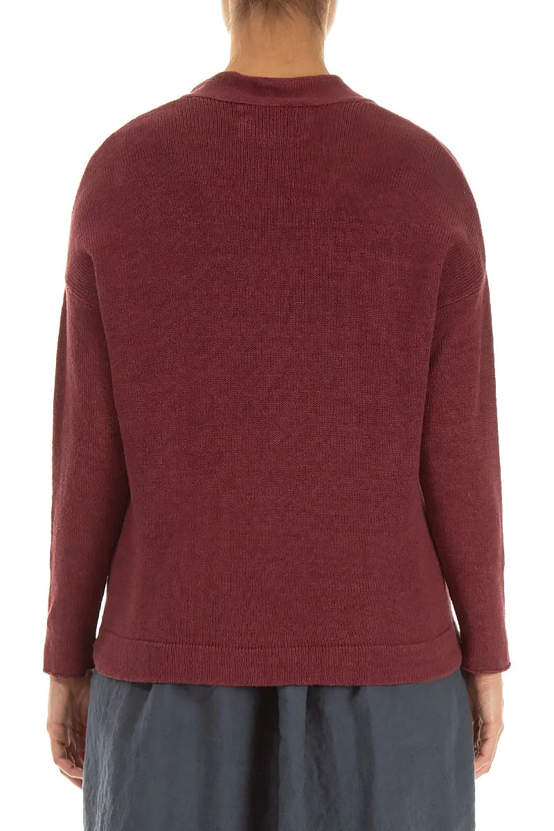 Frilled Neck Antique Ruby Linen Cardigan