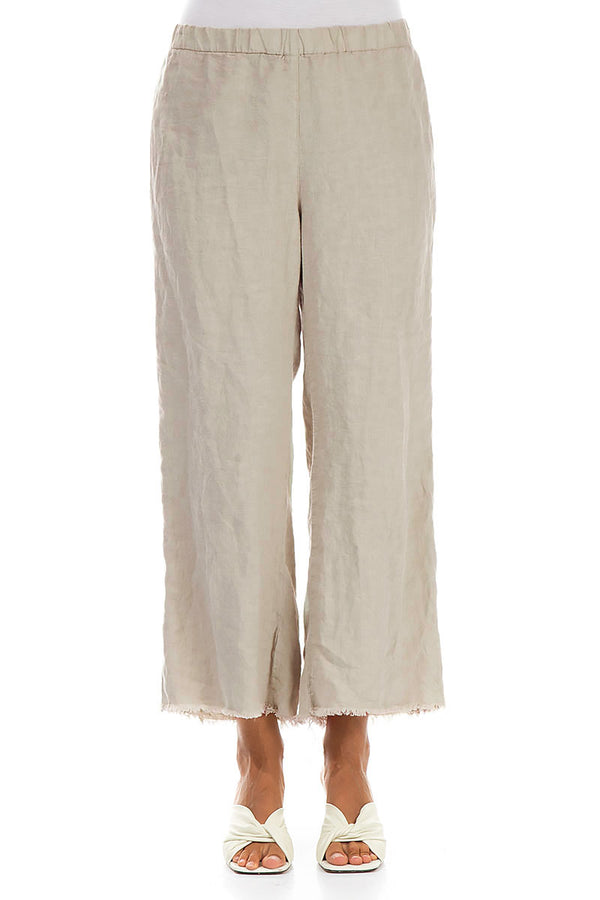 Fringed Flared Beige Linen Trousers 1
