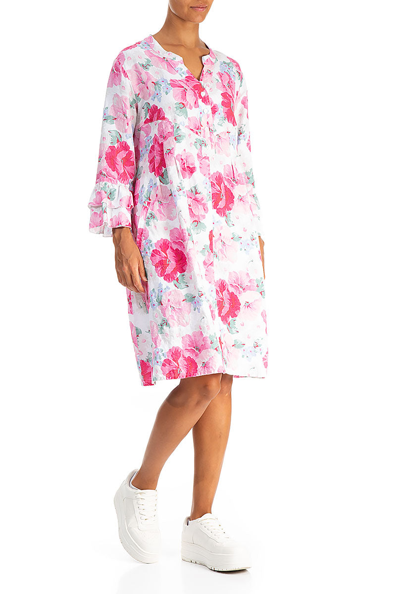 Front Buttons Flared Peony Blossom Linen Dress 3