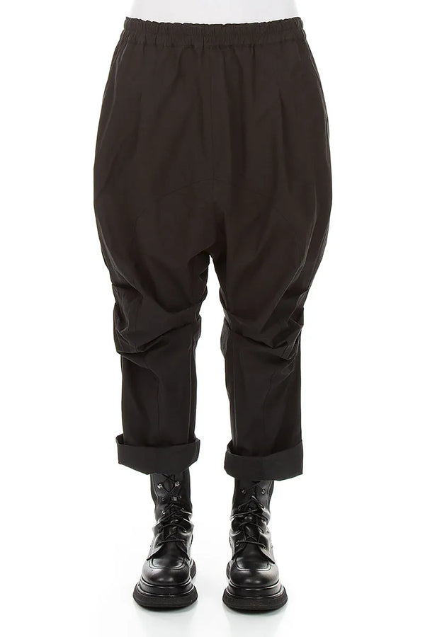 Gathered Knee Black Cotton Twill Trousers