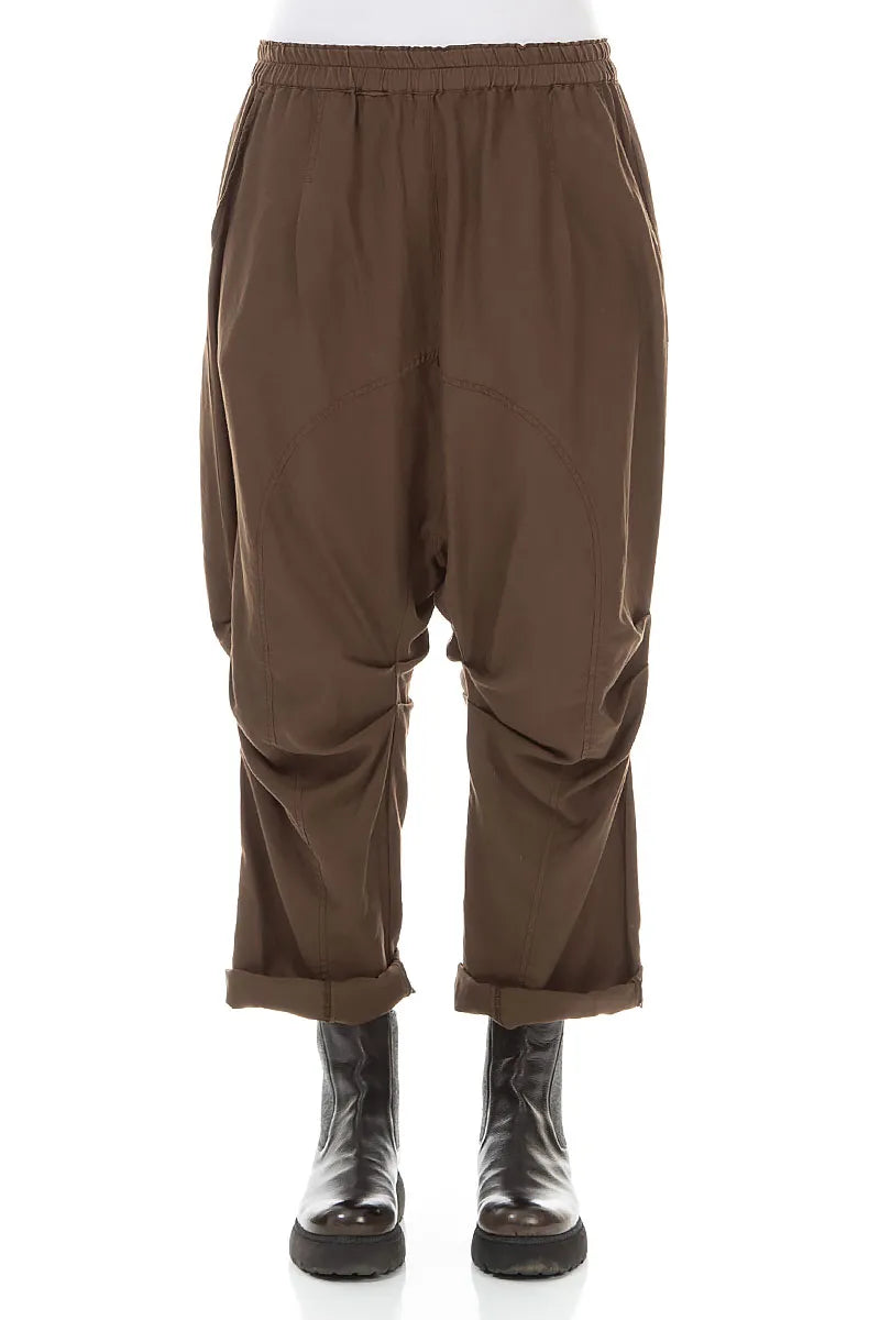 Gathered Knee Truffle Brown Silk Cotton Trousers 1