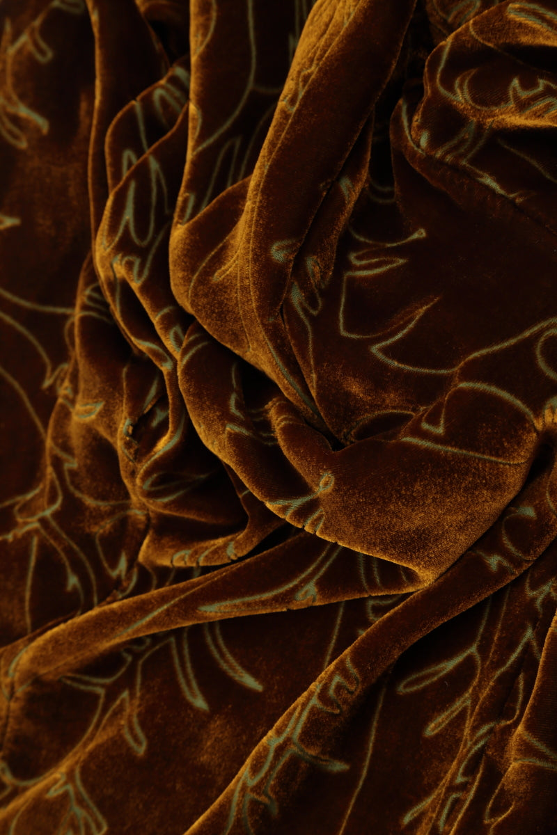 Golden Olive Devoré Feather Silk Velvet Dress 5