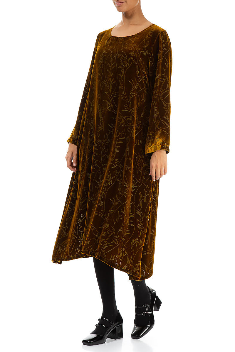 Golden Olive Devoré Feather Silk Velvet Dress 3