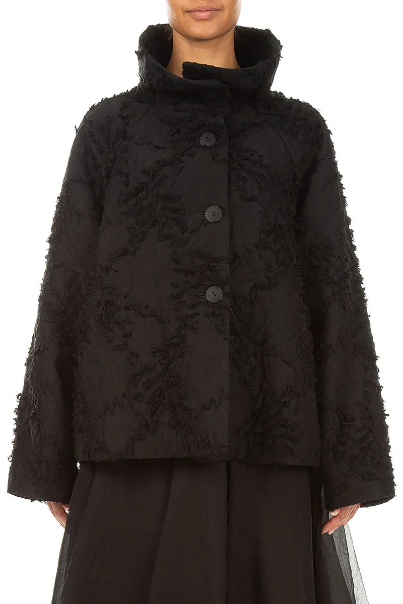 High Collar Black Feathered Jacket 1