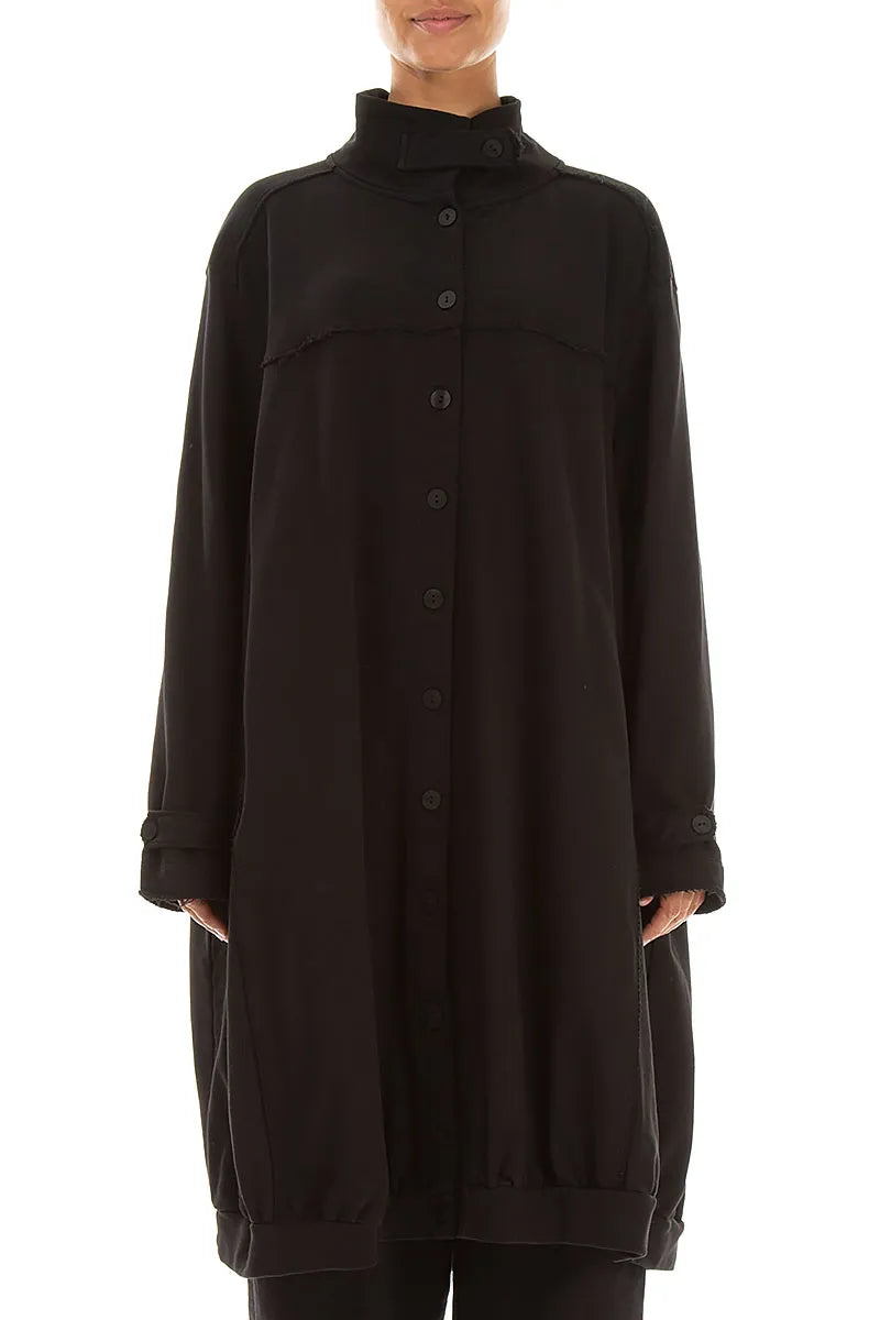 High Collar Black French Terry Cotton Jacket