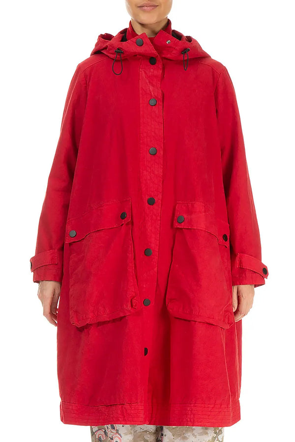 Hooded Cherry Red Cotton Coat 1