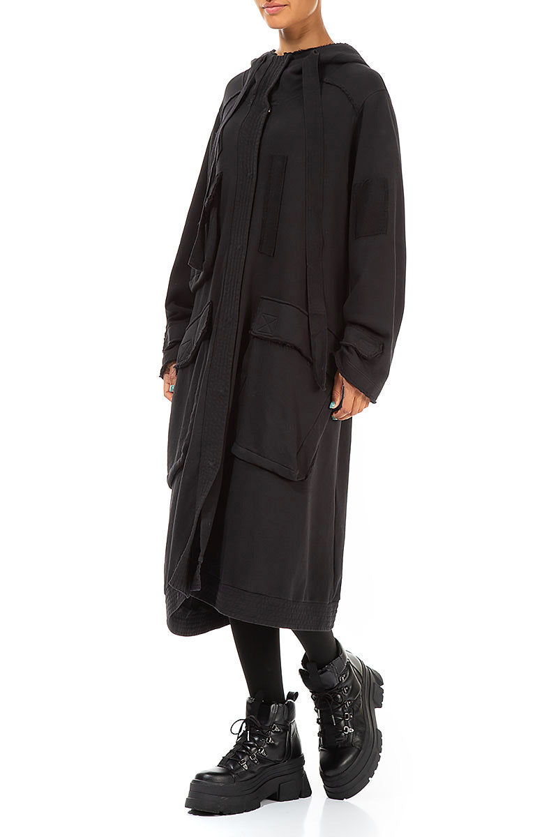 Hooded Three Pockets Black Cotton Jacket 3