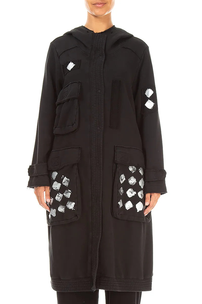 Hooded Three Pockets Black Silver Metallic French Terry Cotton Jacket 1