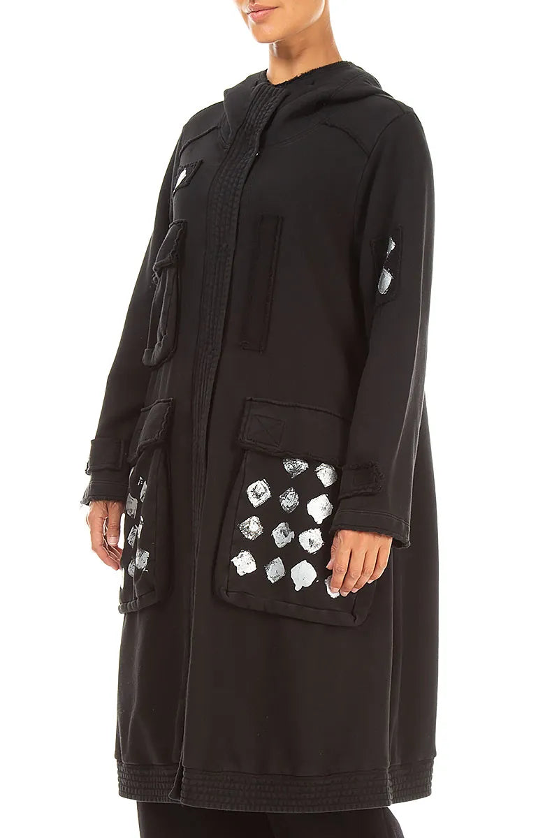 Hooded Three Pockets Black Silver Metallic French Terry Cotton Jacket 3