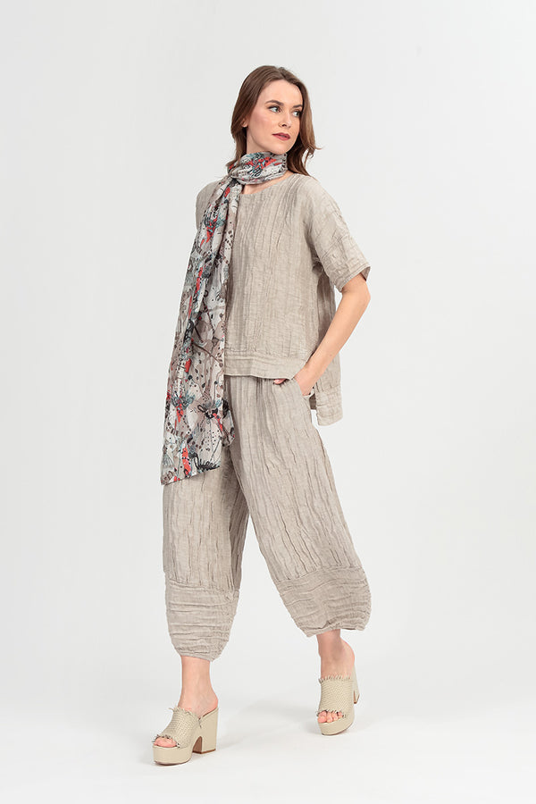 Horizontal Hem Crinkled Beige Silk Linen Blouse 1