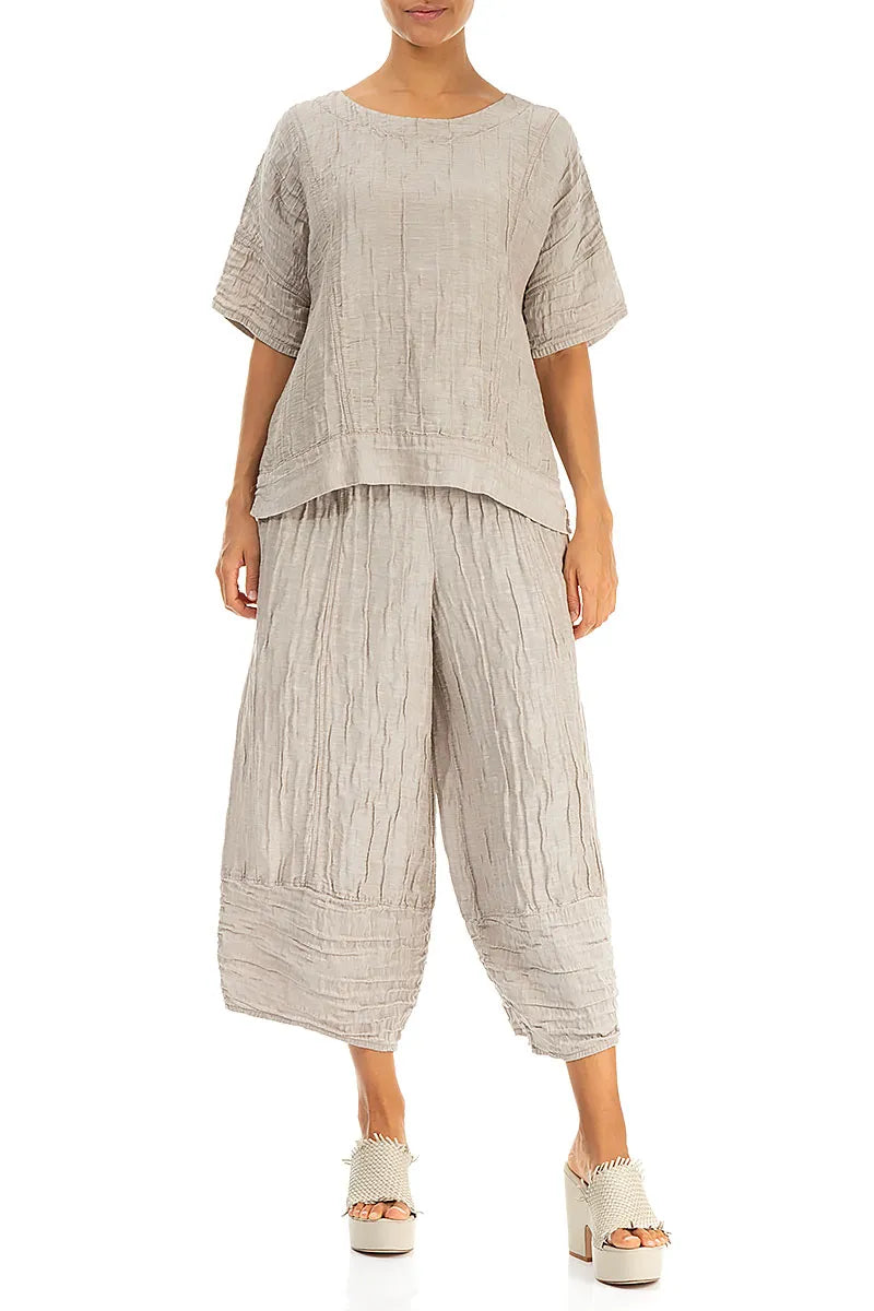 Horizontal Hem Crinkled Beige Silk Linen Blouse