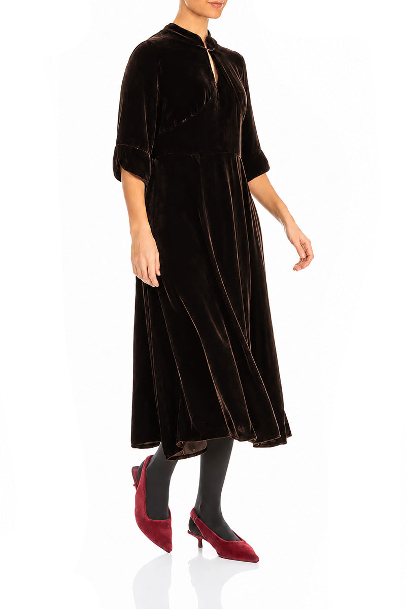 Keyhole Neck Truffle Brown Silk Velvet Dress