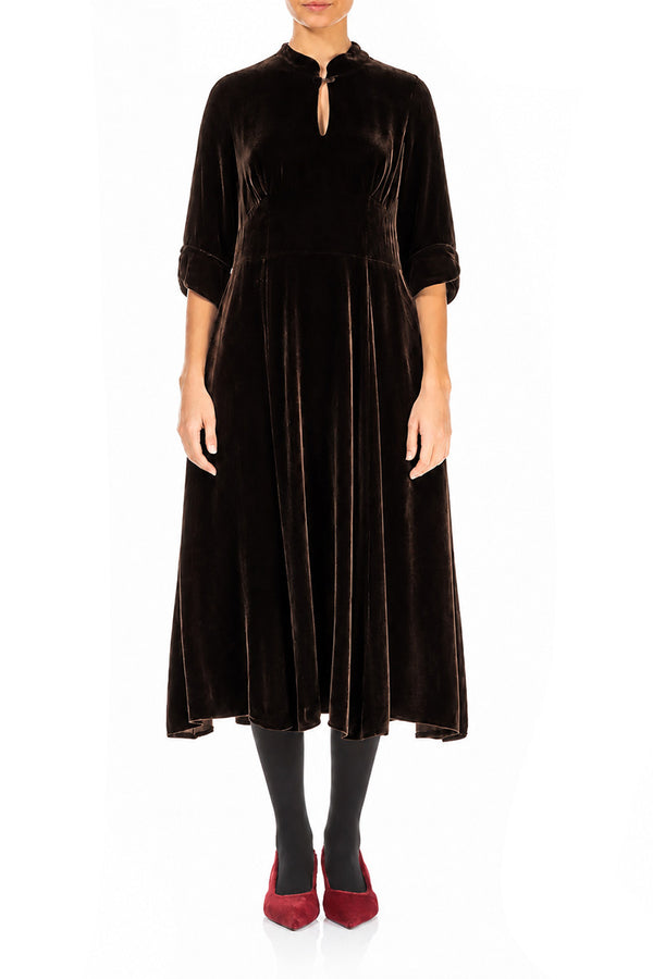 Keyhole Neck Truffle Brown Silk Velvet Dress