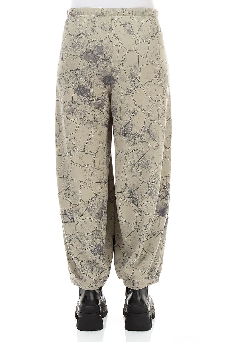 Large Pockets Olive Grey Marble French Terry Cotton Trousers 2