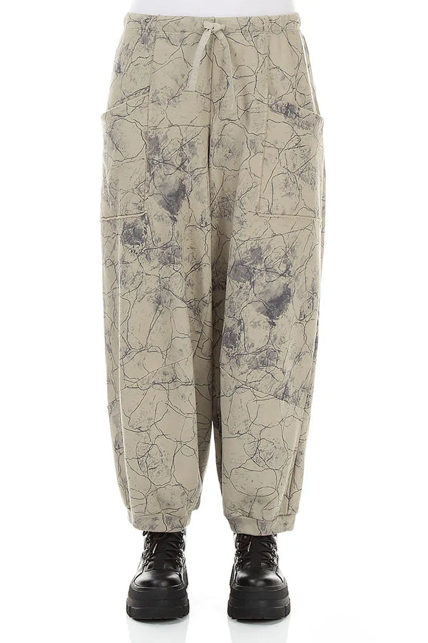 Large Pockets Olive Grey Marble French Terry Cotton Trousers 1