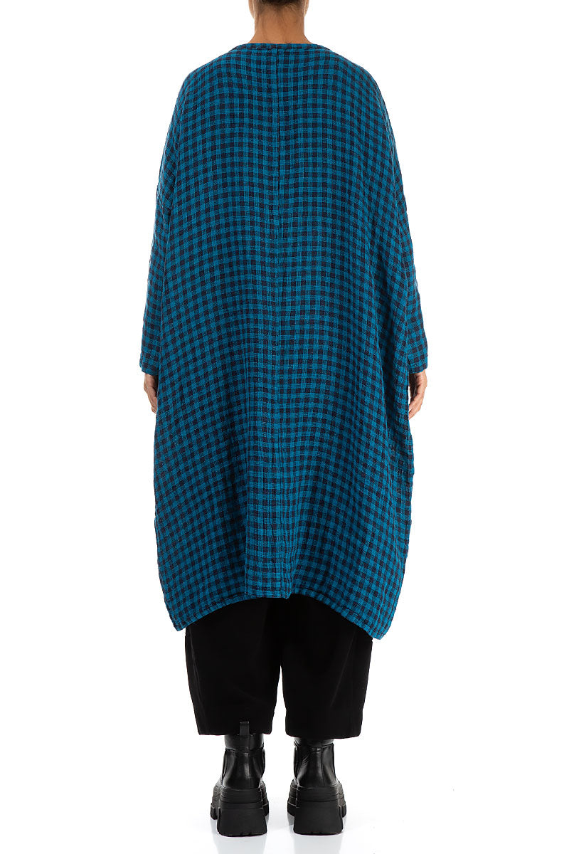 Large Side Pocket Blue Check Linen Dress 2