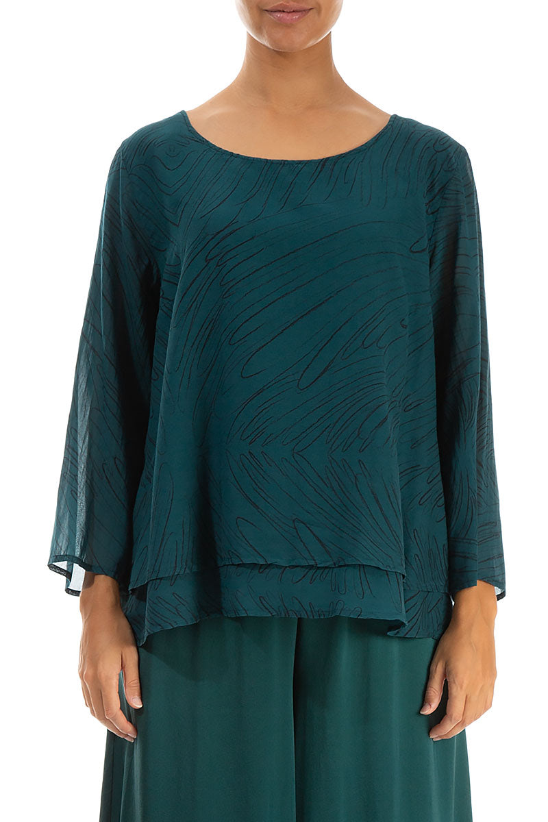 Layered Emerald Feathers Silk Cotton Blouse 1