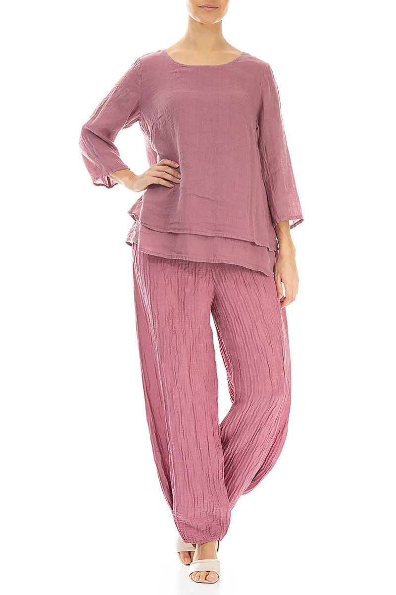 Layered Mauve Taupe Gauze Linen Blouse 4