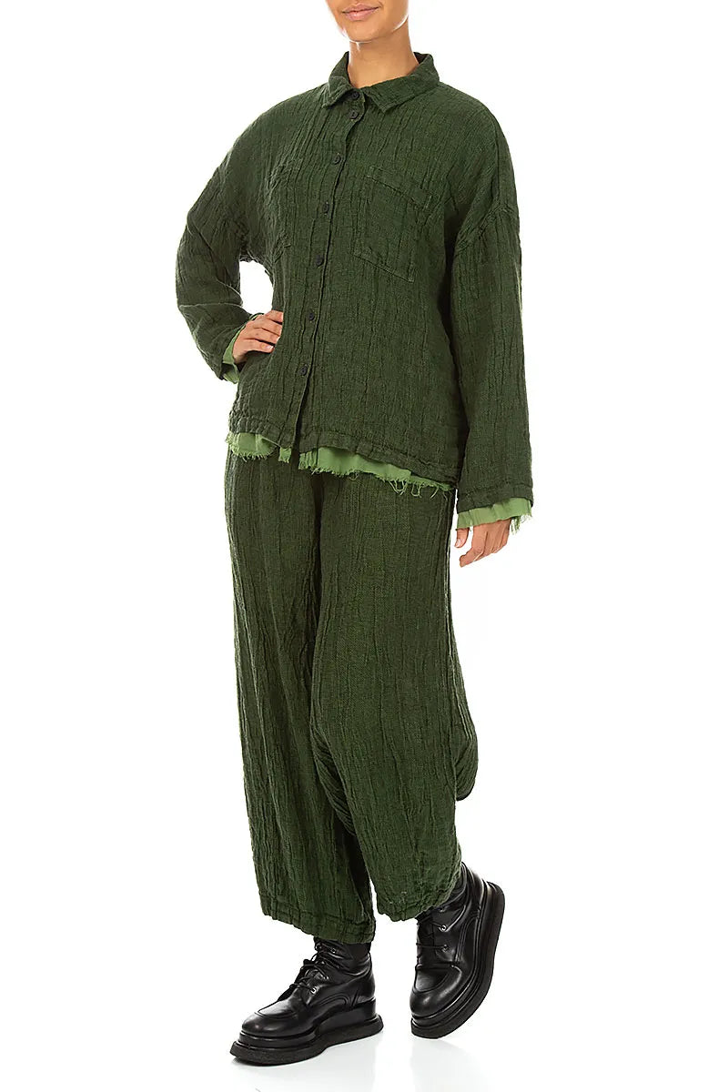 Layered Shamrock Green Mélange Linen Shirt