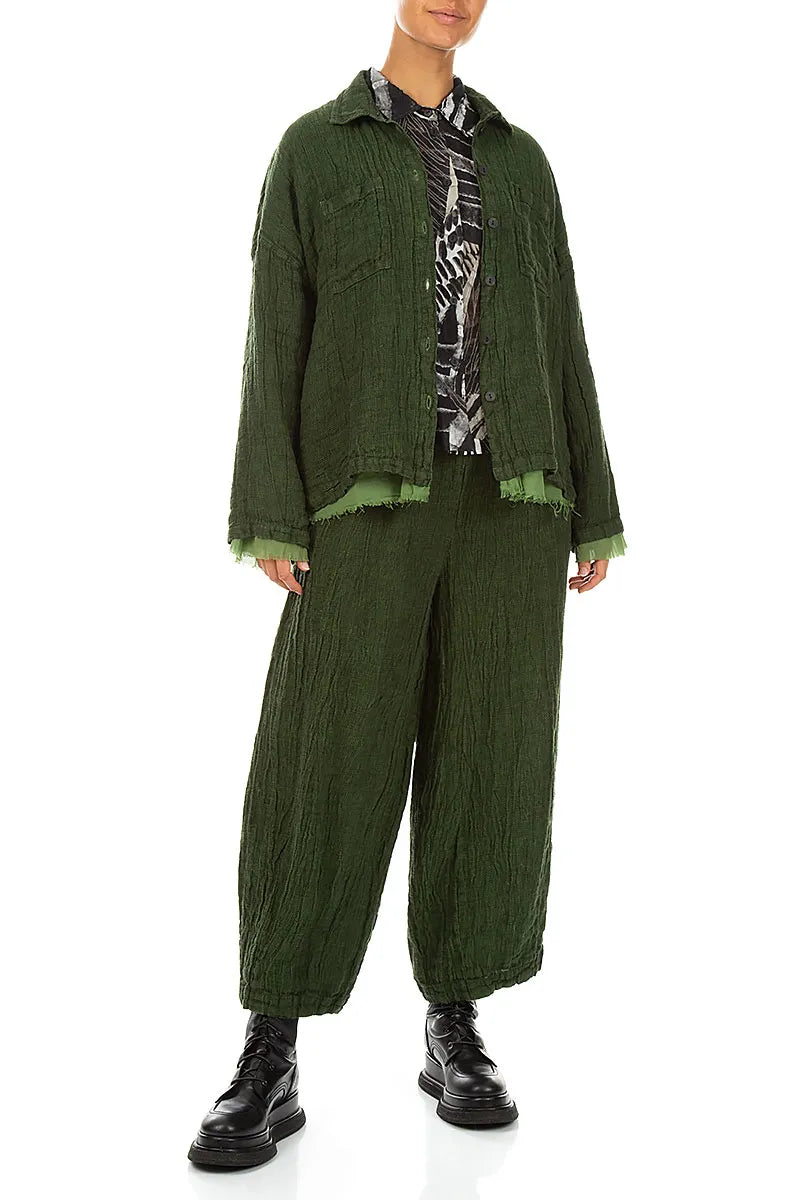 Layered Shamrock Green Mélange Linen Shirt