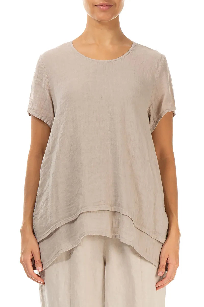 Layered Short Sleeves Beige Gauze Linen Blouse 1