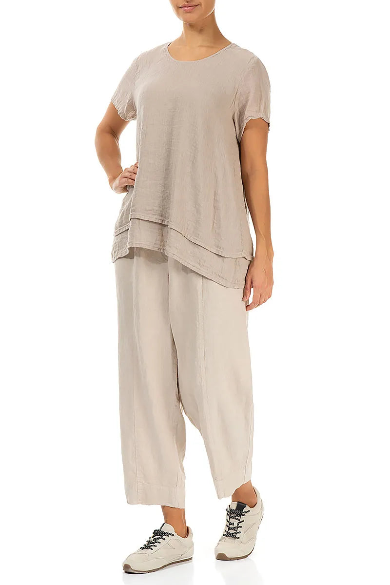 Layered Short Sleeves Beige Gauze Linen Blouse 4