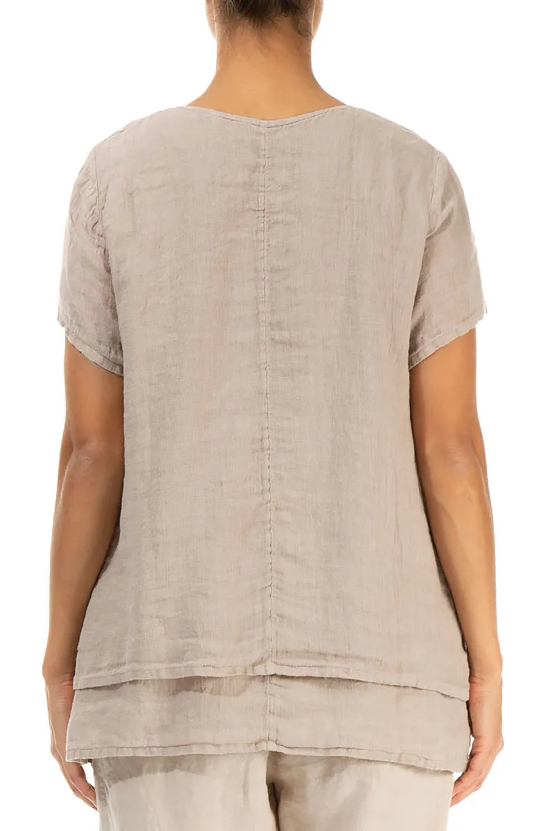 Layered Short Sleeves Beige Gauze Linen Blouse 2
