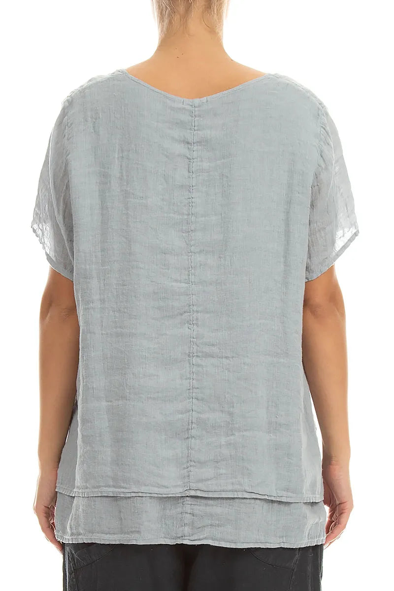 Layered Short Sleeves Silver Grey Gauze Linen Blouse 2
