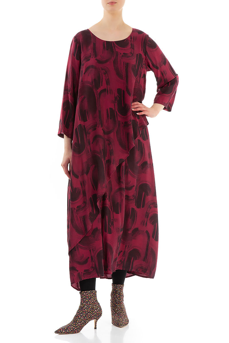 Layered Side Claret Paintwave Silk Bamboo Dress 5