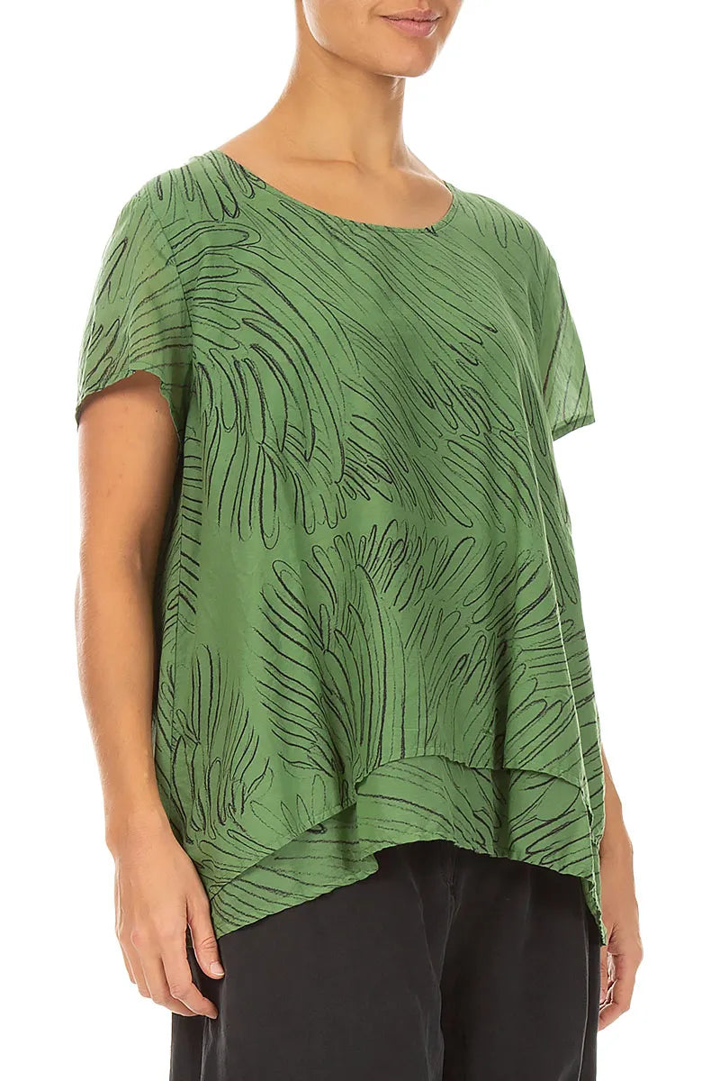 Layered Spring Green Feathers Silk Cotton Blouse 3