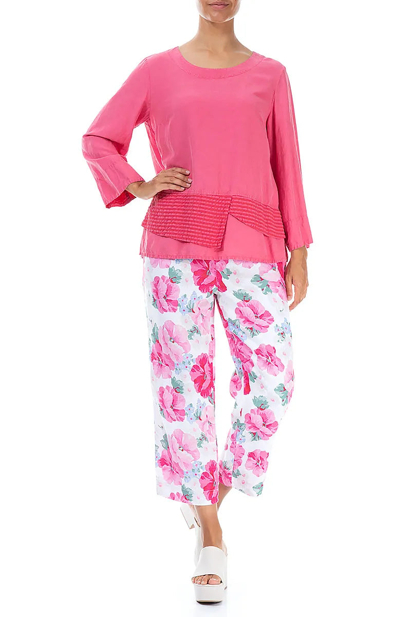 Layered Textured Hem Raspberry Silk Linen Blouse 4