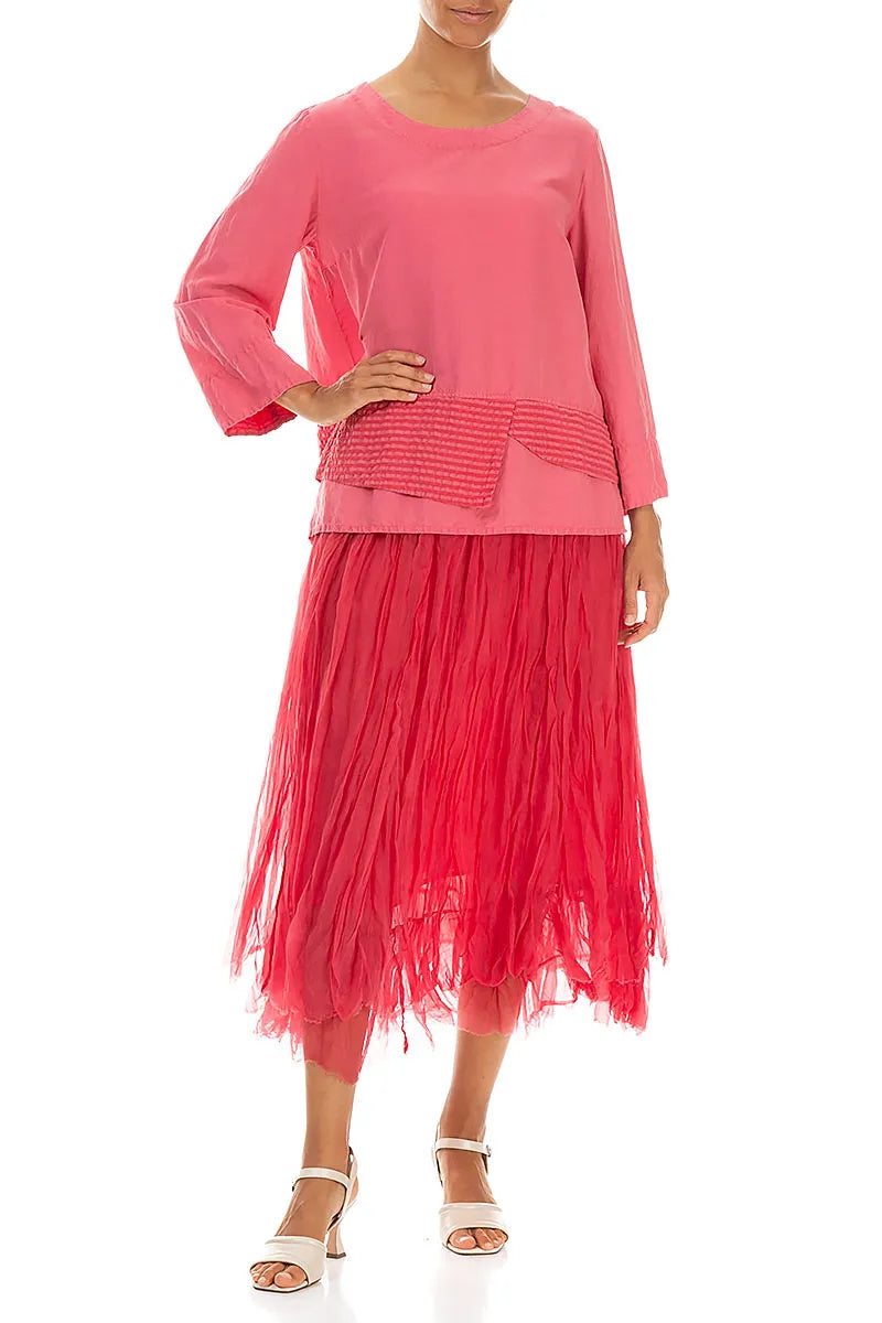 Layered Textured Hem Raspberry Silk Linen Blouse