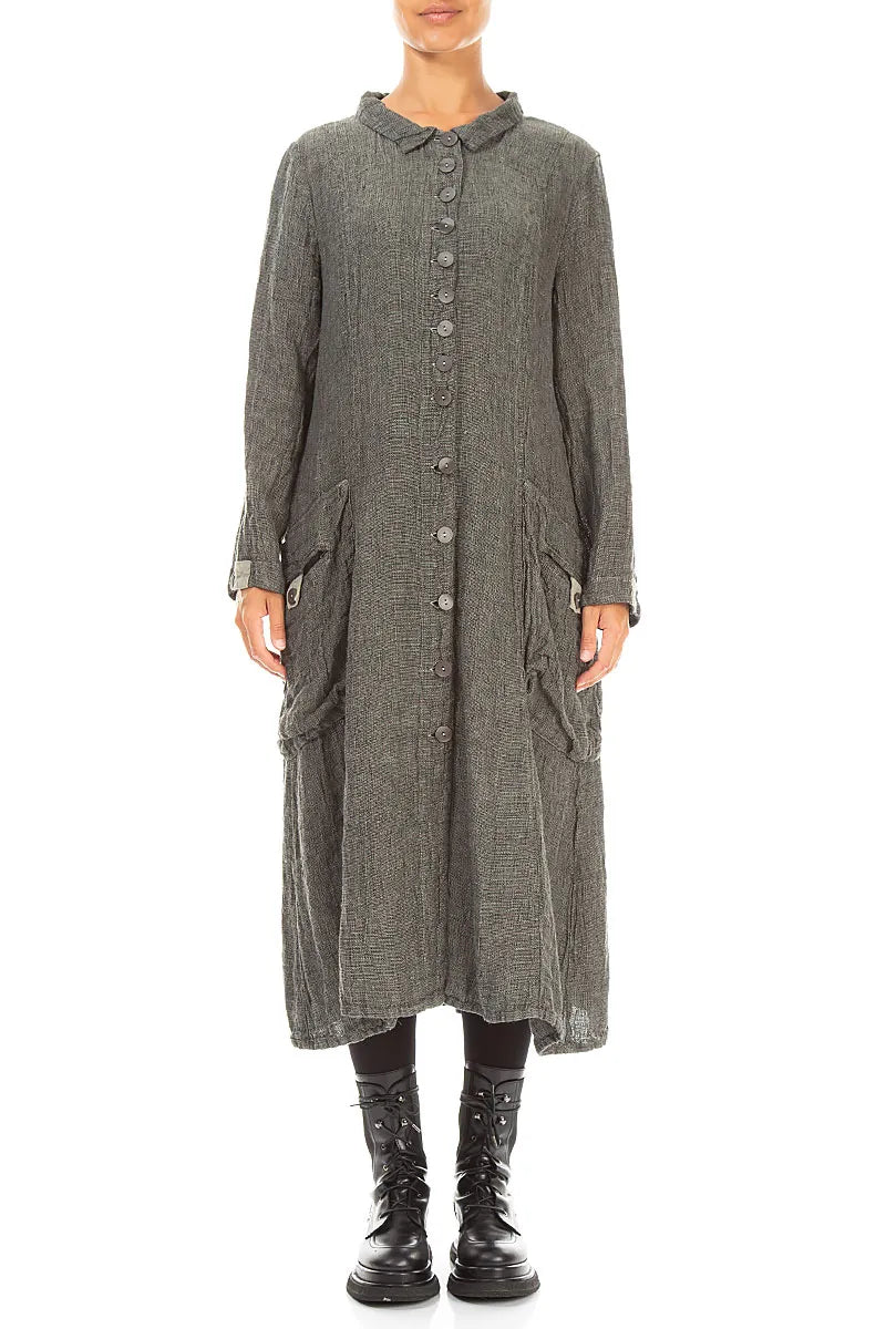 Long Buttonline Olive Grey Mélange Linen Jacket