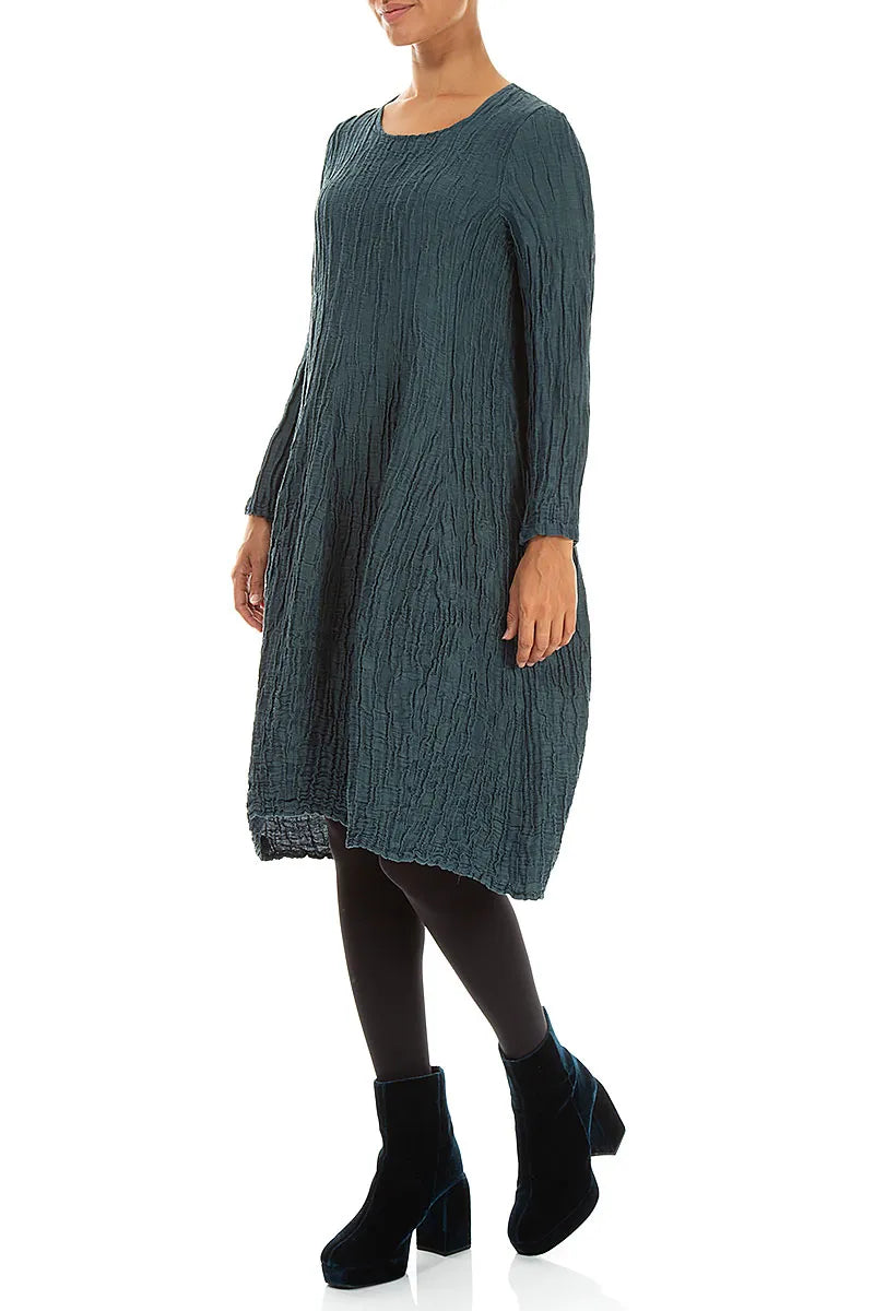 Long Sleeve Balloon Crinkled Deep Turquoise Silk Linen Dress