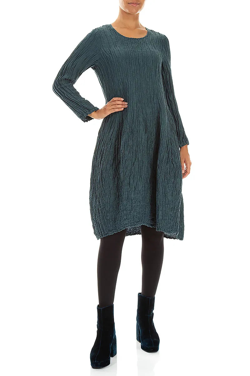Long Sleeve Balloon Crinkled Deep Turquoise Silk Linen Dress