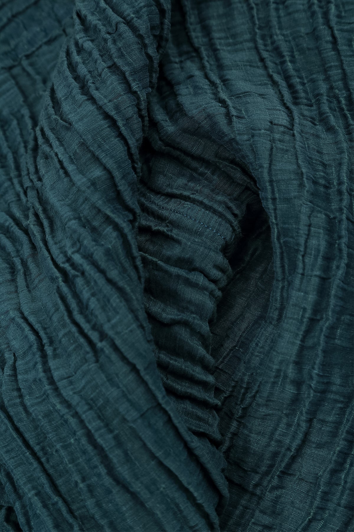 Long Sleeve Balloon Crinkled Deep Turquoise Silk Linen Dress