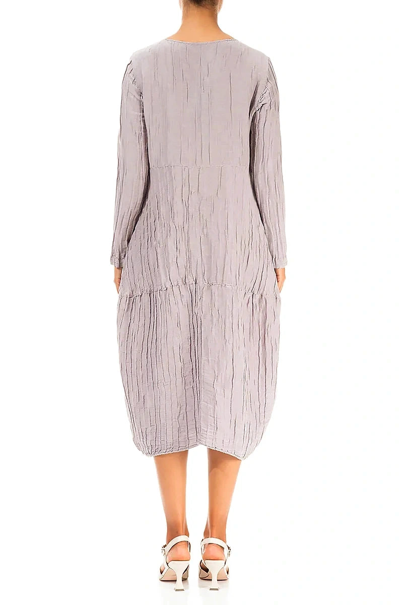 Long Sleeves Balloon Crinkled Greige Silk Linen Dress 2
