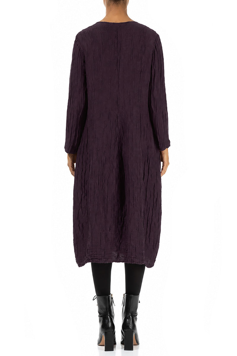 Long Sleeves V-Neck Crinkled Deep Plum Silk Dress