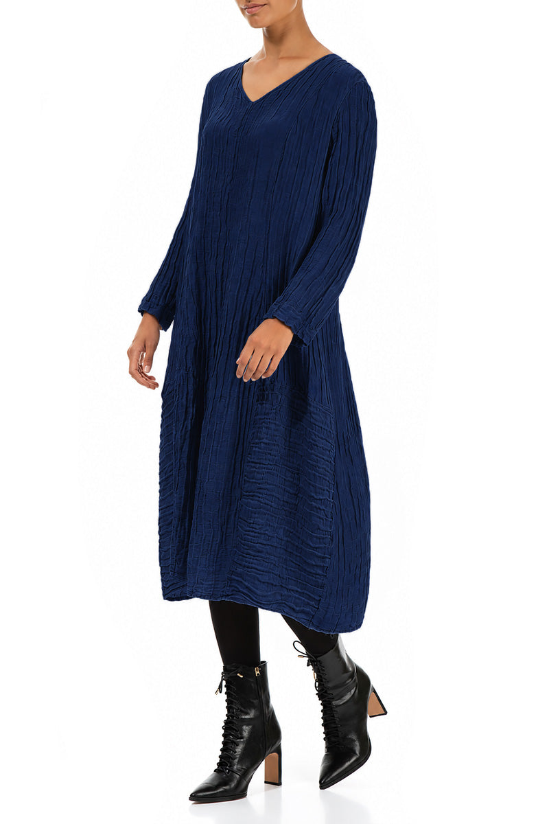 Long Sleeves V-Neck Crinkled Indigo Silk Dress