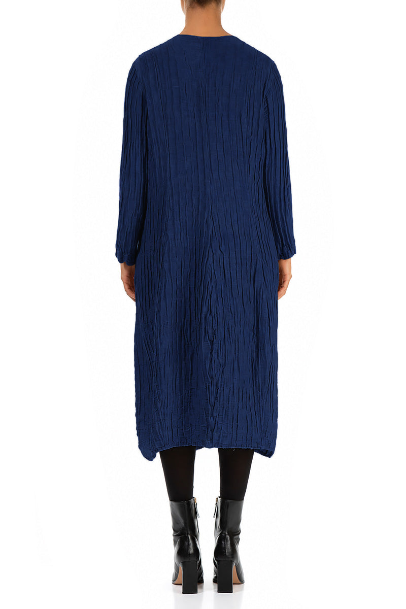 Long Sleeves V-Neck Crinkled Indigo Silk Dress