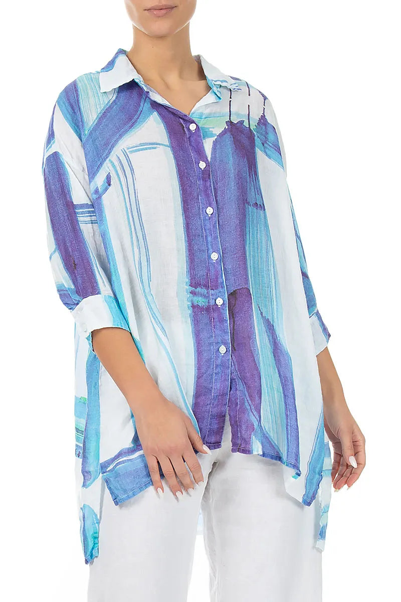 Longer Back Blue Brushstroke Linen Shirt