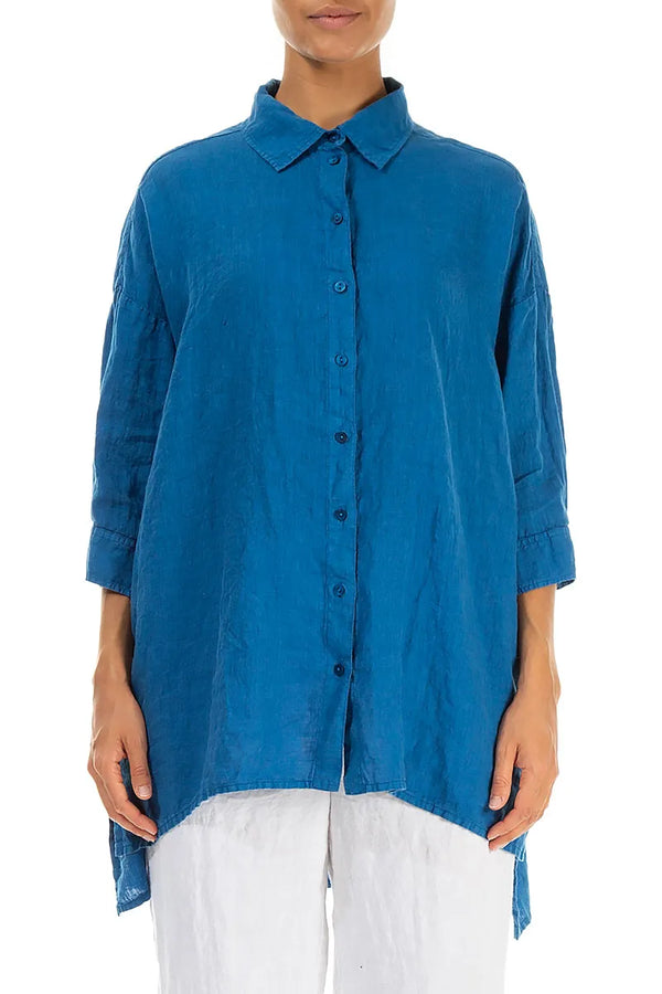Longer Back Cobalt Blue Linen Shirt 1