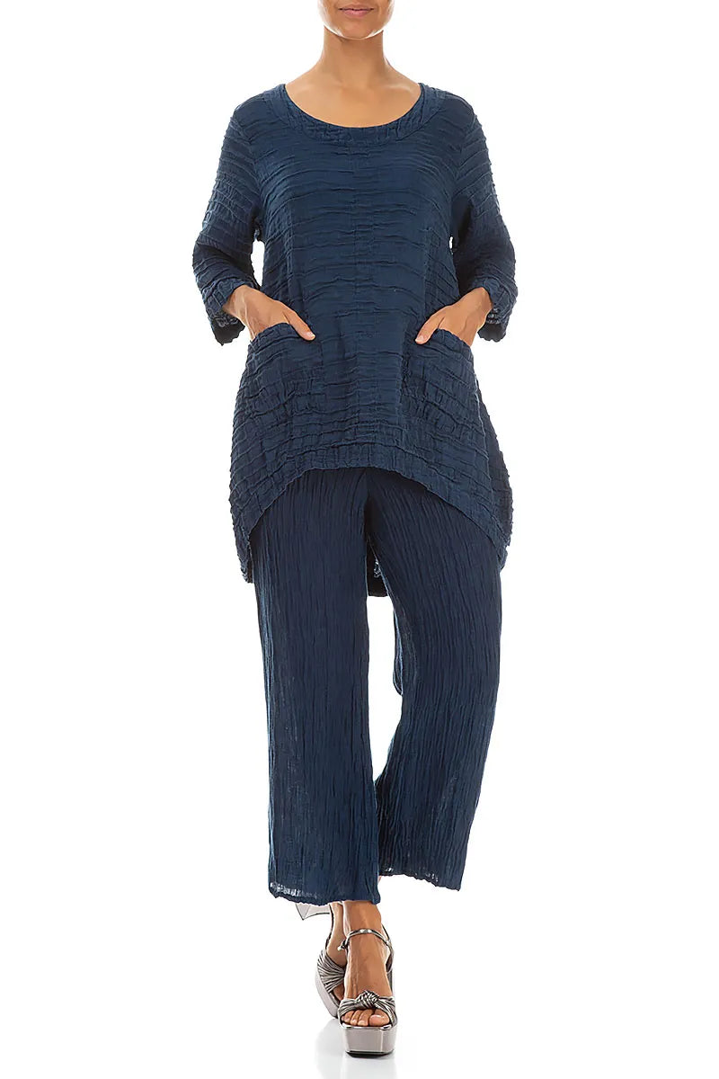 Longer Back Navy Crinkled Silk Tunic 4