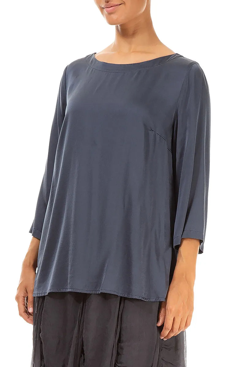 Longer Back Slate Blue Silk Blouse 3