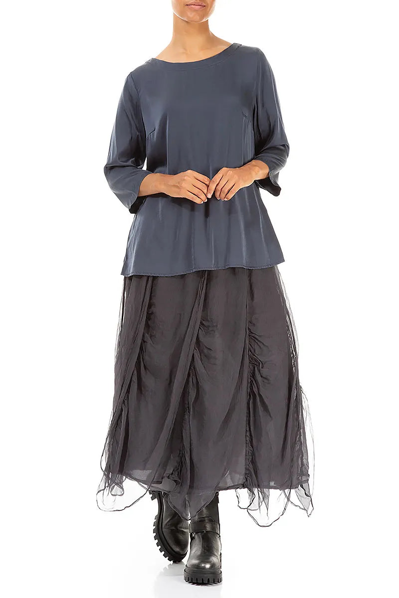 Longer Back Slate Blue Silk Blouse 4