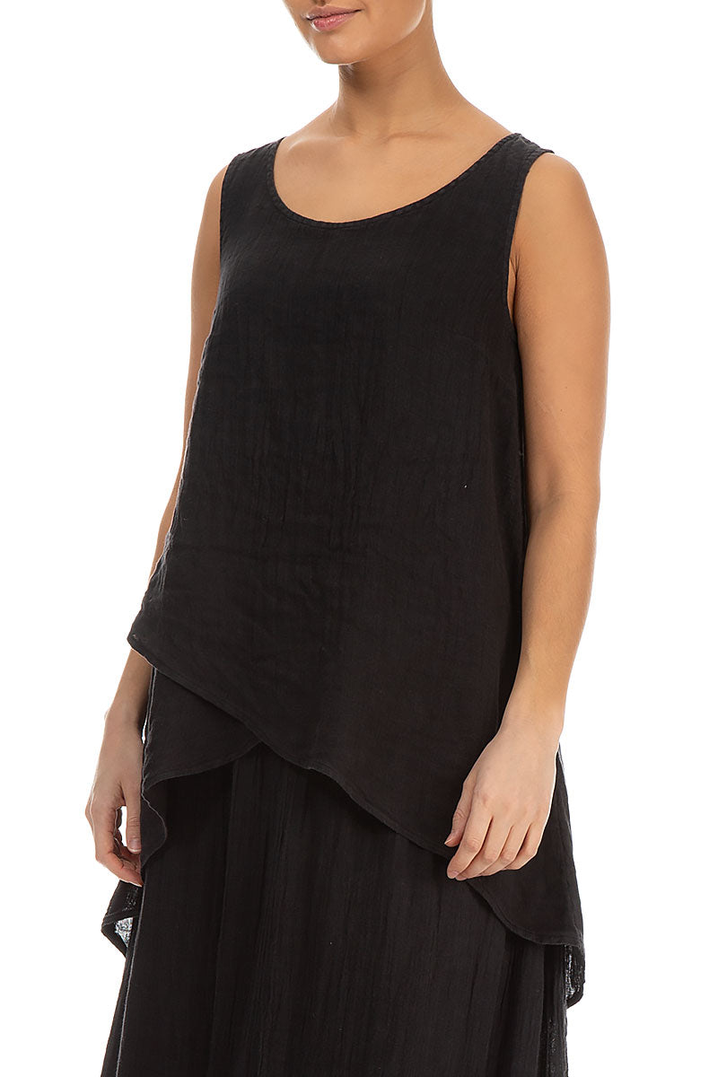 Longer Back Sleeveless Black Gauze Linen Blouse 3