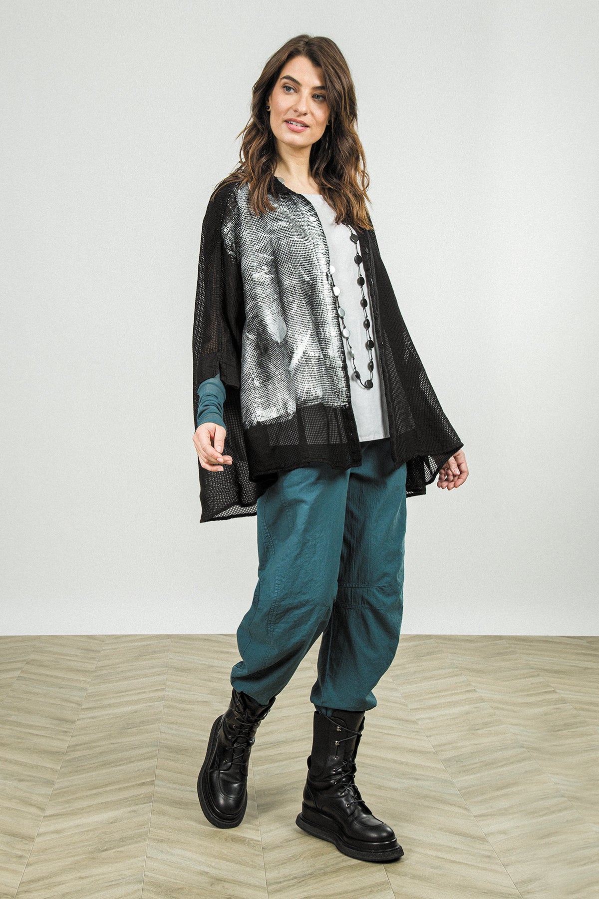 Loose Black Silver Metallic Mesh Silk Shirt 1